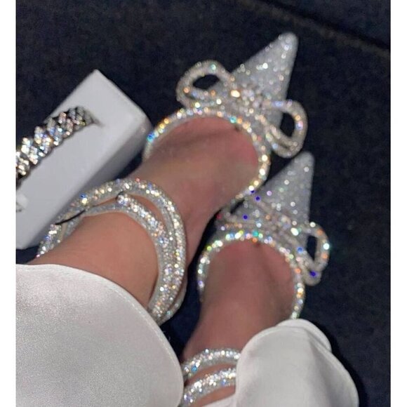 MACH & MACH Double Crystal Bow Pointed Toe 100mm Pump in Glitter Size EU 39/US 9 - Picture 11 of 14